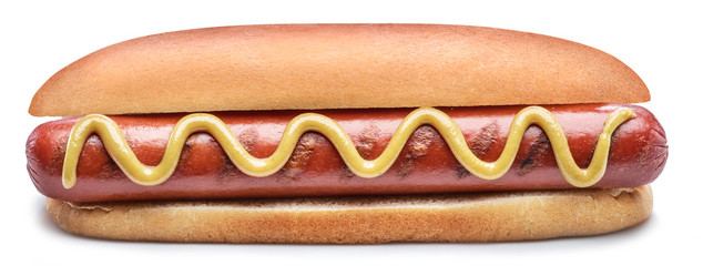 Hot dog - grilled sausage in a bun with sauces isolated on white background.