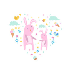 Pink Bunnies with Clouds, Flowers and Ice Creams of Heart Shape, Cute Childish Poster, Greeting or Invitation Card, Print for T-shirt Design Element Vector Illustration