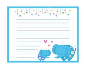 Cute Paper Page with Elephants, Lined Sheet, Notebook, Diary, School Notes, Workbook Design Element Vector Illustration