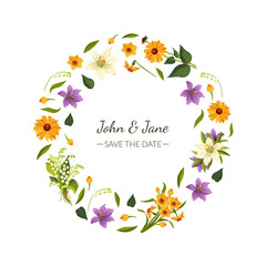 Save the Date Floral Round Frame with Beautiful Spring or Summer Flowers, Wedding Invitation Card Design Element Vector Illustration
