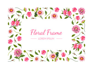 Obraz na płótnie Canvas Floral Rectangular Frame with Beautiful Pink Flowers, Design Element Can Be Used for Invitation, Poster, Banner, Greeting Card Vector Illustration