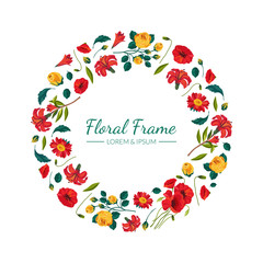 Floral Round Frame with Beautiful Summer Flowers
