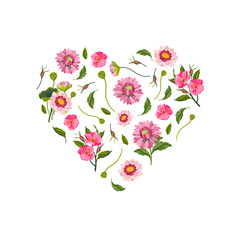Heart Made of Beautiful Pink Flowers, Decorative Floral Design Element Vector Illustration