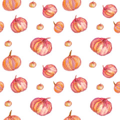 Sketch pumpkin pattern for banner design. October harvest background. Seamless watercolor halloween pattern.