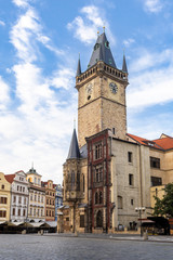 City Hall Tower with astronomical clock in the square of the old city of Prague, Czech Republic.