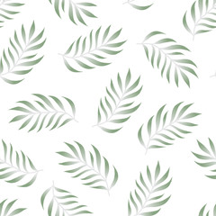 Fototapeta na wymiar Tropical seamless pattern with fern, palma leaves, green color branches on white background. Floral vector summer backgound