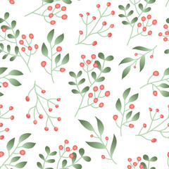 Seamless pattern with forest berries, green plant branches with red berry on white background. Cranberry, lingonberry