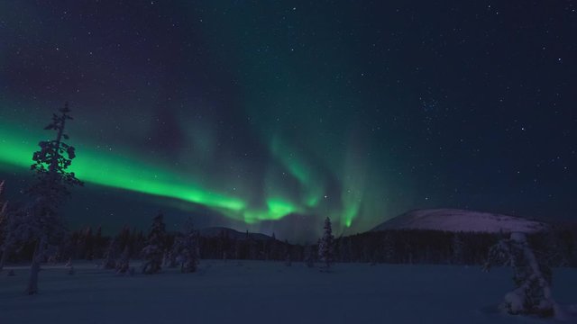 Real timelapse of northern lights or aurora borealis dancing in the nightsky over a winter landscape with snowy trees and fell mountains in Lapland Finland.