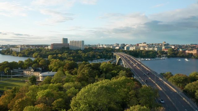 Aerial drone view of cars driving over Vasterbron, Stockholm Sweden