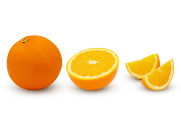 set of half, slice, piece orange fruits isolated on white background with clipping path