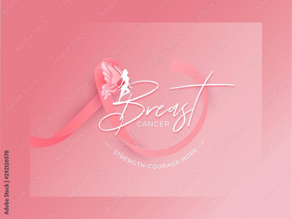 Poster breast cancer ribbon with silhouette fairy character and given message as strength courage hope on p