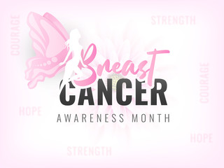 Stylish text of Breast Cancer with fairy character on pink flower background for Awareness Month concept. Can be used as banner or poster design.