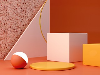 Minimal podium in ocher colors. Scene with geometrical forms. Gold ring, terrazzo wall, sphere with...