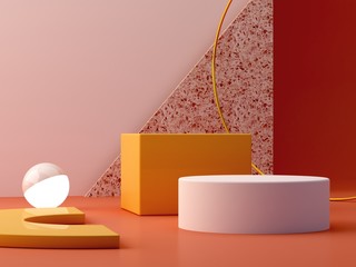 Minimal podium in ocher colors. Scene with geometrical forms. Gold ring, terrazzo wall, sphere with...