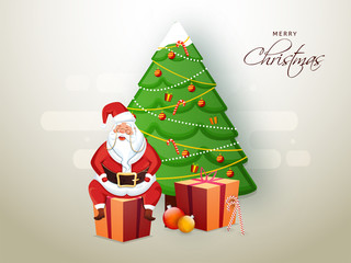 Illustration of santa claus sitting on gift box with decorative xmas tree on the occasion of Merry Christmas celebration.