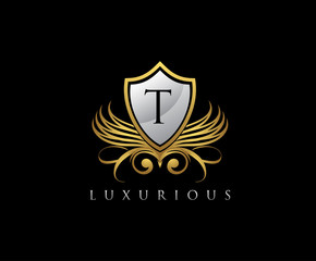 Luxury Gold Shield T Letter Logo Icon.