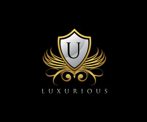 Luxury Gold Shield U Letter Logo Icon.