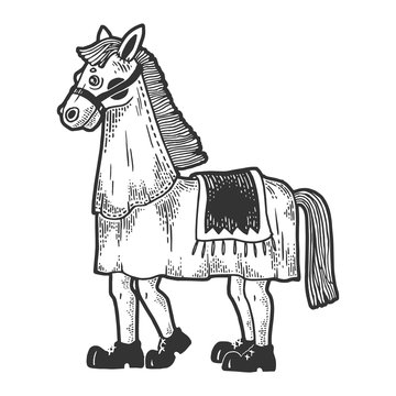 Horse costume in theater sketch engraving vector illustration. Tee shirt apparel print design. Scratch board style imitation. Black and white hand drawn image.