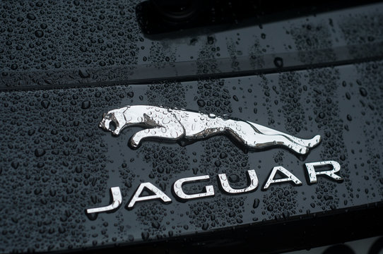 Mulhouse - France - 26 September 2019 - Closeup of rain drops on Jaguar logo on black car parked in the street