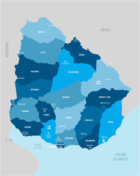 Uruguay vector map with separated provinces and capitals. Flat style vector illustration.