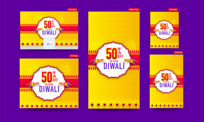 Diwali Sale poster and template design collection with 50% discount offer and megaphone on yellow and red background.