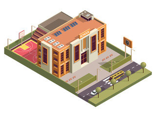 Isometric school building with clock board and basketball ground along vehicle street background.