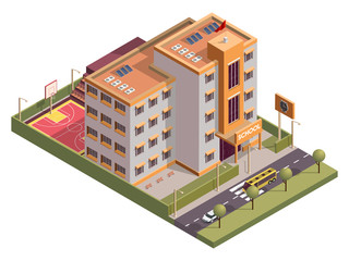 Obraz premium Isometric school skyline building with clock board and basketball ground along vehicle street background.
