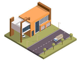 Isometric building with car parking and transport street background.