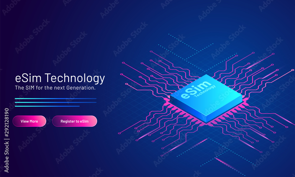 Wall mural esim technology concept based landing page design with embedded sim card on blue background.