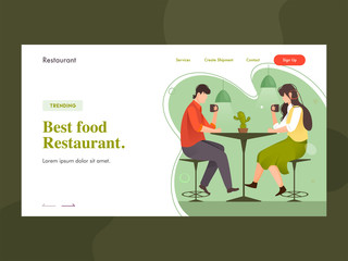 Best Food Restaurant landing page design with young boy and girl drinking coffee at restaurant table.