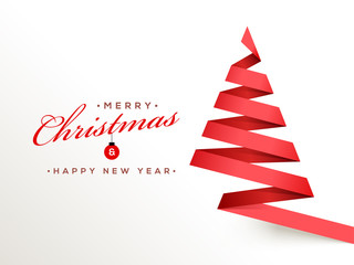 Merry Christmas & Happy New Year celebration greeting card design with xmas tree made by red ribbon on white background.