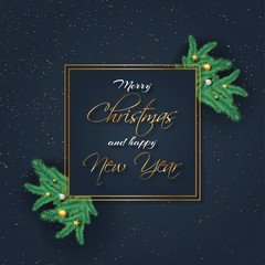 Merry Christmas and Happy New Year greeting card design decorated with pine leaves, stars and baubles on blue background.