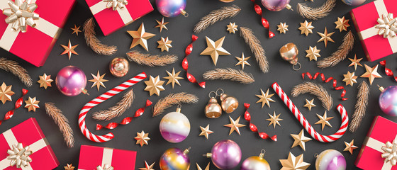 Merry Christmas and happy new year background. Christmas ornaments and gift boxes on black background. 3D illustration.