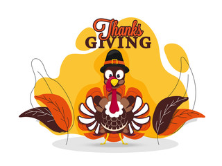 Illustration of turkey wearing pilgrim hat with leaves on abstract background for Thanksgiving Day greeting card design.