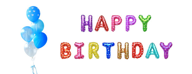 Happy Birthday colorful inflatable balloons isolated on white background. Decoration for birthday party.
