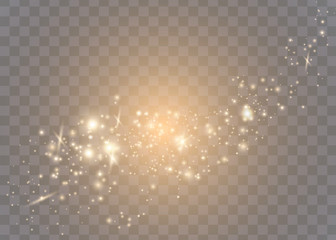 The dust sparks and golden stars shine with special light. Vector sparkles on a transparent background. Christmas light effect. Sparkling magical dust particles.