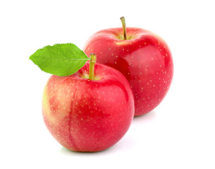 Plakat Ripe apple fruits with leaf isolated.