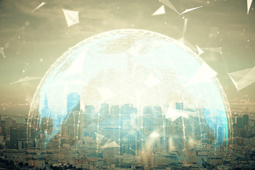 Double exposure of business theme hologram drawing and city veiw background. Concept of success.