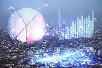 Forex chart on cityscape with skyscrapers wallpaper double exposure. Financial research concept.