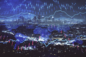 Financial graph on night city scape with tall buildings background multi exposure. Analysis concept.