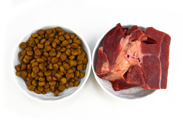 Concept for different dog or cat feeding methods with bowl with dry food kibbles and bowl with chunk of raw meat next to each other isolated on white background
