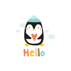 Cartoon cute penguins vector character. Christmas print with penguins in hats. Hello card. Bright funny cartoon card .