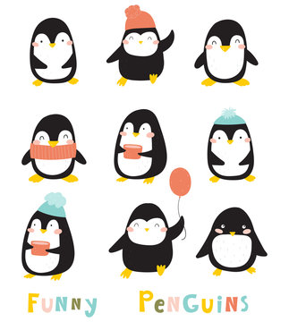 Funny cartoon penguins collection. Baby animals illustration