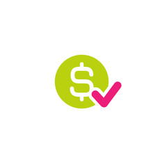Green circle with dollar sign and pink tick. Flat icon. Isolated on white. Pay sign. Accept button.