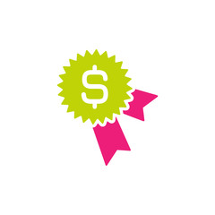 Green star with pink magenta ribbon and white dollar sign. Flat vector icon isolated on white.