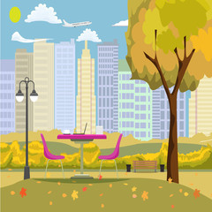 Romantic autumn outdoor cafe at a park with cityscape background. Table and two chairs under a tree. Vector illustration.