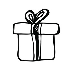 gift box and ribbon hand drawn in graphic scandinavian style on a white background isolated for use in design, icon, doodle style, new year, christmas, greeting card