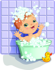 Happy baby taking bath with yellow duck toy and lots of foam bubbles. Adorable smiling child in bathroom. Vector character illustration