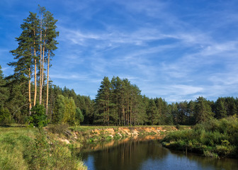 Fototapeta na wymiar Idyllic summer landscape with a small river flowing through a pine forest. Nice sunny day in Tver region of Russia, bright blue sky
