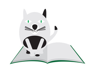 Black and White Cartoon Cat Standing on Open Book